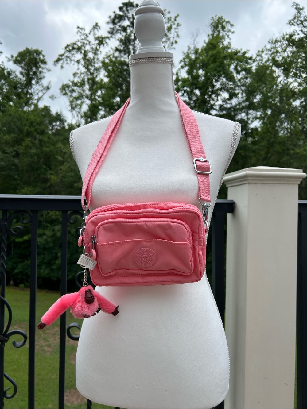 Kipling Coral Pink Nylon Crossbody/ Fanny Pack Bag with Monkey Charm